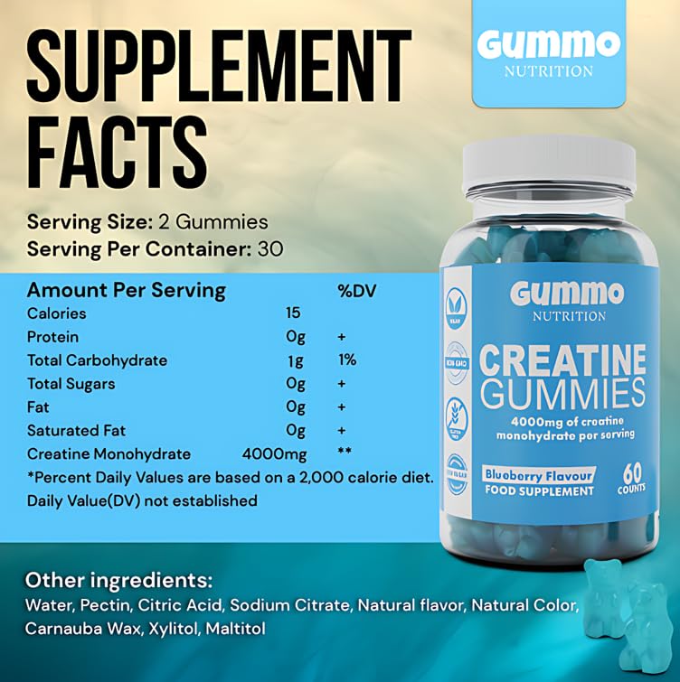 Creatine Monohydrate Gummies 4000mg for Men & Women - 60 Chewable Creatine Gummies (1 Months Supply) - Natural Blueberry Flavoured Creatine, Pre Workout Gym Supplement, Suitable for Vegans - BeesActive Australia