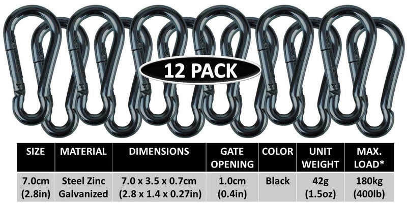 Branded Boards Black & Silver Heavy Duty Bushcraft Zinc-Galvanized Steel Carabiner Spring Snap Clip Link Hooks. 200-400lb Load. 6 Packs, 12 Packs and Variety Packs. Black-7cm-12 Pack - BeesActive Australia
