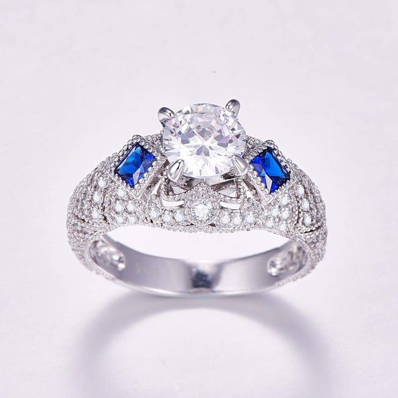 Empsoul 925 Sterling Silver Wide Ring Round Cut White Topaz Royalblue Cubic Zirconia Wedding Engagement Ring for Women Girls Size 5 US5 White & Royalblue - BeesActive Australia