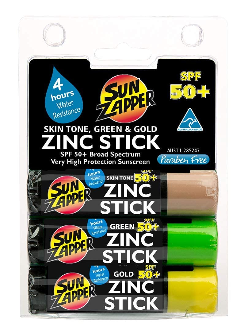 Sun Zapper Zinc Oxide Sun Block - Skin Tone, Green & Gold - SPF 50+ - Very High Sun Protection Sunscreen/Sunblock for Face & Body Shield. Adults, Kids &Travel Size Stick. - BeesActive Australia