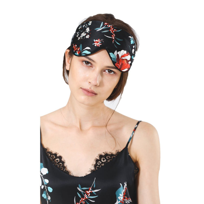 CHAMO POMEO 100 Silk Sleep Mask & Blindfold, Smooth Women Floral Eye Mask 4.7x9.8 Inches (black) black - BeesActive Australia