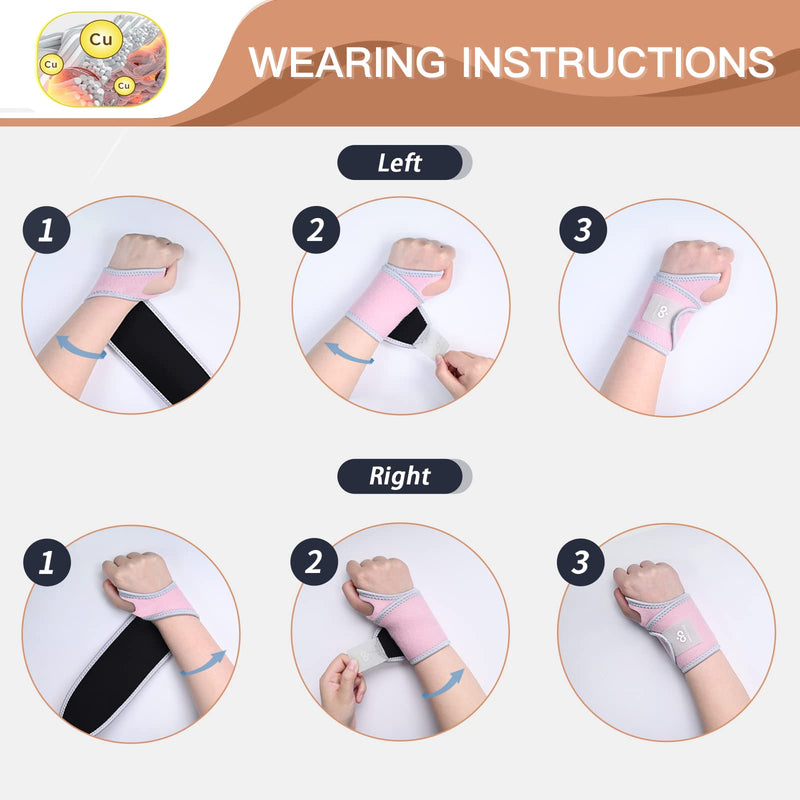 INDEEMAX 2 Pack Copper Wrist Brace Support for Carpal Tunnel, Pain Relief, Arthritis, Tendonitis, Adjustable Wrist Braces Compression Wraps Both Hands, Fit for Men and Women, Pink - BeesActive Australia