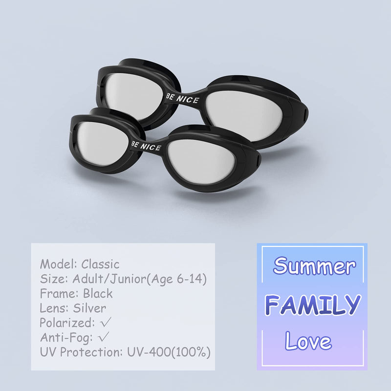 BENICE Kids Swim Goggles, Anti Fog Swimming Goggles No Leaking Kids Goggles for Boys Girls(Age 6-14) Black Frame& Silver Lens - BeesActive Australia