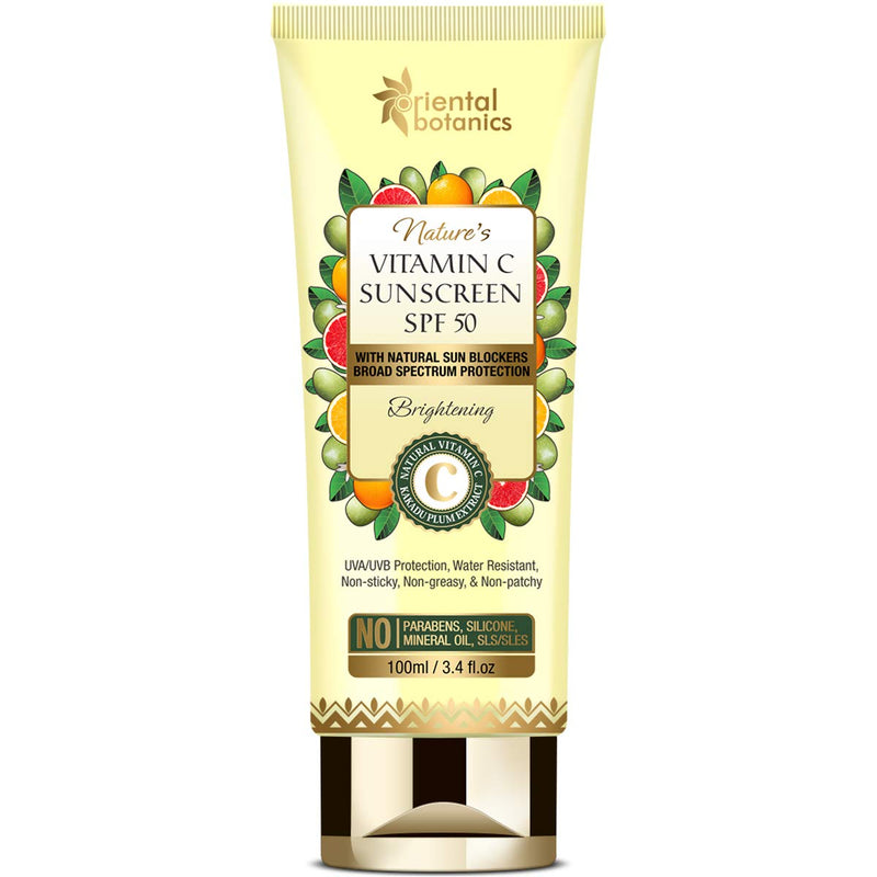 Oriental Botanics Nature's Vitamin C Brightening Sunscreen SPF 50 With Natural Sun Blockers - UVA/UVB Protection, Water Resistant - No Silicone,100ml - BeesActive Australia