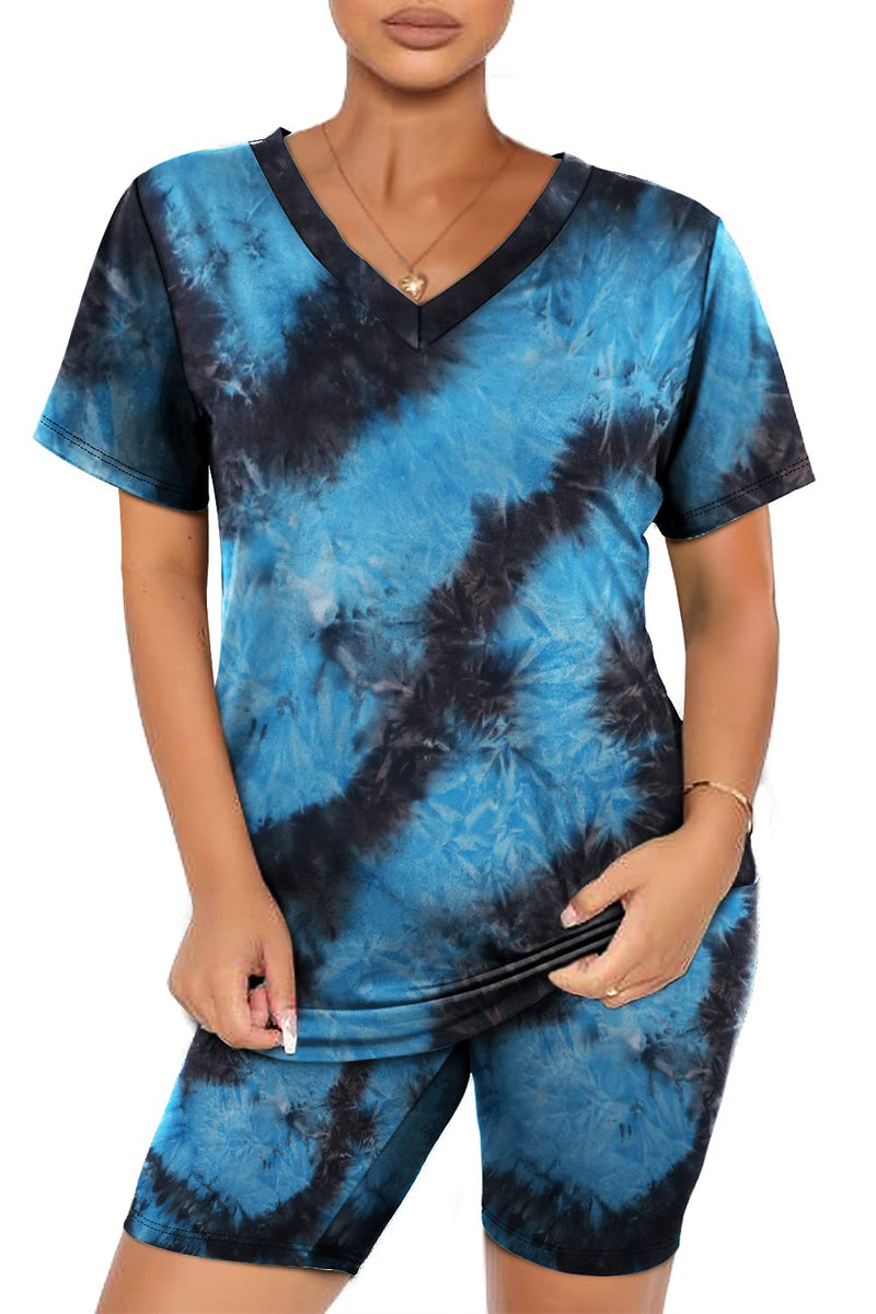 WIHOLL Two Piece Outfits for Women Short Sleeve V Neck Biker Shorts Set 2-blue Black XX-Large - BeesActive Australia