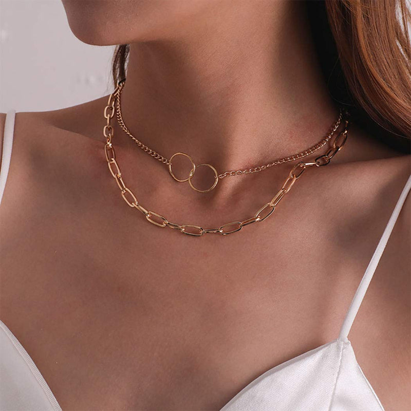 Easedaily Boho Layered Necklaces Gold Rings Pendant Double Short Necklace Chain for Women and Girls - BeesActive Australia