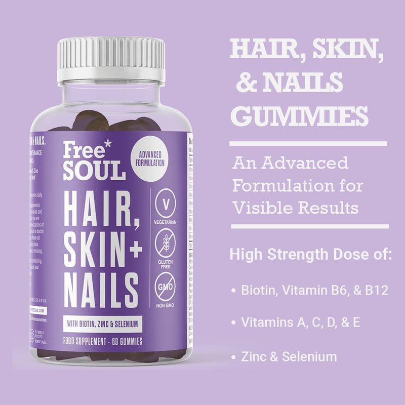 Hair, Skin, & Nails Gummies | Hair Growth & Skin Health Supplement | Biotin Enhanced with Vitamins B6, B12, Zinc, Selenium, E, A, C & D | Skin & Hair Support | 60 Advanced Gummies | Free Soul - BeesActive Australia