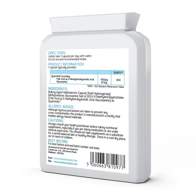 Methyl Folate 600�g - 90 Capsules as Quatrefolic 5-MTHF Supplement 6S-5-methyltetrahydrofolate � The 4th Generation of Folate a Highly biologically Active Form of Folic Acid/Vitamin B9 - UK Made - BeesActive Australia