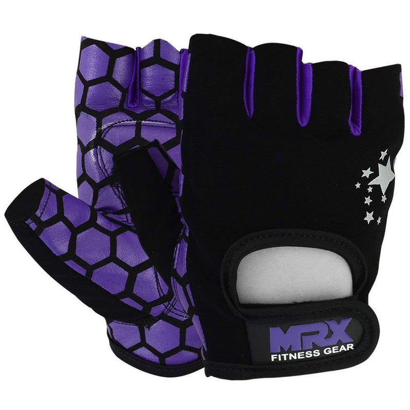 MRX Adjustable Weight Lifting Gloves Fingerless Gloves for Women, Reinforced Palm and Secure Closure, Leather Hand Protection Gear for Gym, Training and Exercise Purple/Black X-Large - BeesActive Australia