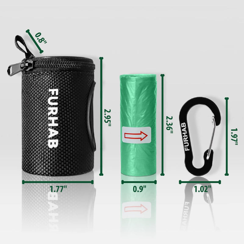 FURHAB Dog Poop Bag Holder Doggie Waste Bag Dispenser for Leash 1680D Nylon Oxford Small Zipper Pouch with Carabiner Clip for Belt Bone-Shaped Opening Portable Set with 1 Roll of Pet Trash Bags, Black - BeesActive Australia