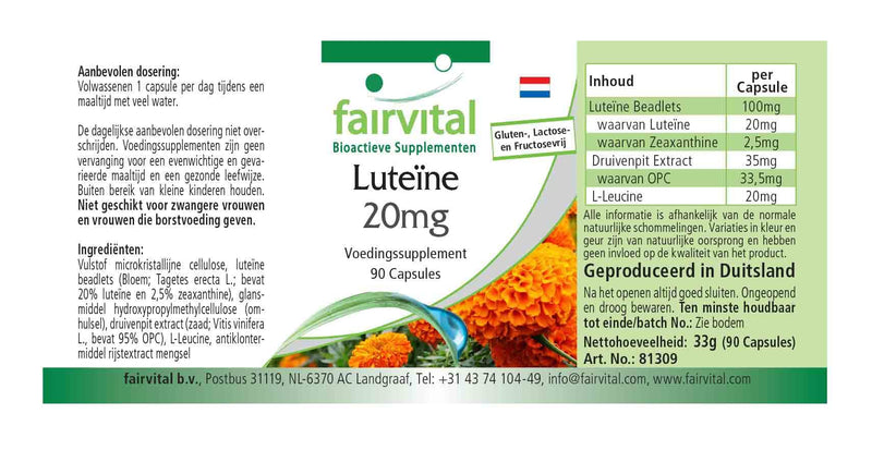 Fairvital | Lutein 20mg - Bulk Pack for 3 Months - Vegan - HIGH Dosage - 90 Capsules - microencapsulated - BeesActive Australia