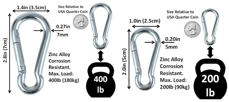 Branded Boards Black & Silver Heavy Duty Bushcraft Zinc-Galvanized Steel Carabiner Spring Snap Clip Link Hooks. 200-400lb Load. 6 Packs, 12 Packs and Variety Packs. Silver-5cm & 7cm-12 Pack - BeesActive Australia