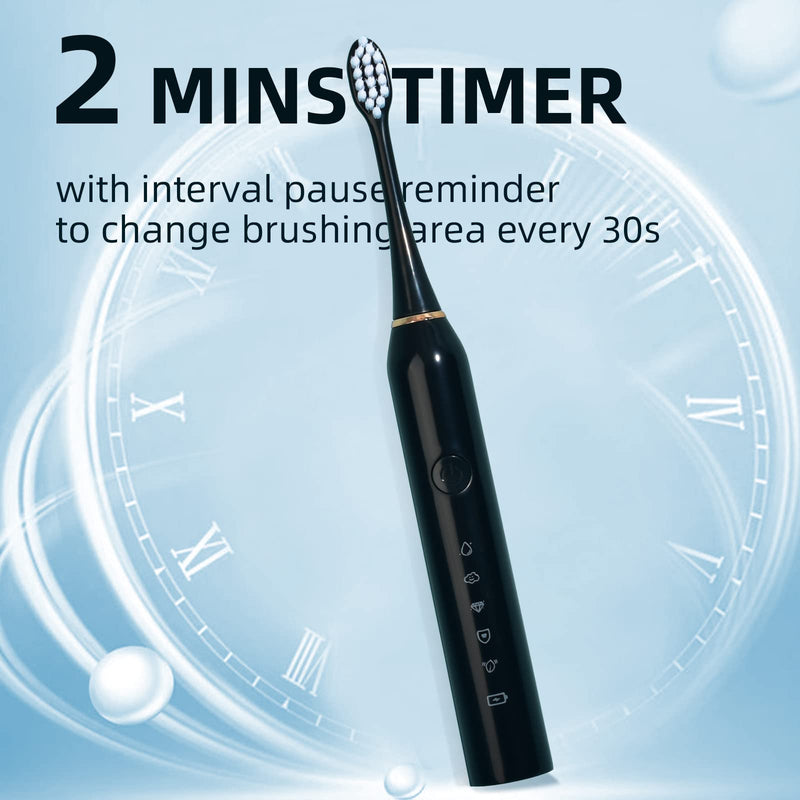 Sonic Electric Toothbrush, Rechargeable Power Toothbrush with 6 Duponts Brush Heads, with 2 Minute Smart Timer, 5 Modes with Teeth Whitening, Gift for Family Black - BeesActive Australia