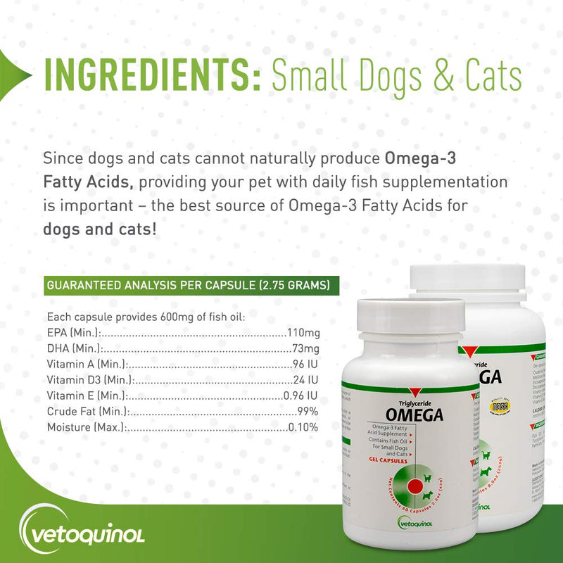 Vetoquinol Triglyceride Omega Dog & Cat Supplement Capsules, Small-Breed: 8-39 lbs 250 Capsules - BeesActive Australia