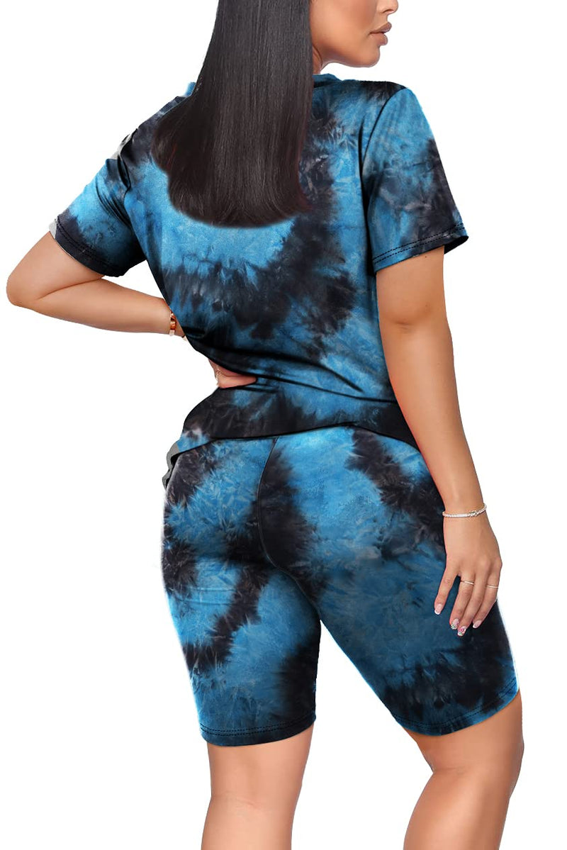 WIHOLL Two Piece Outfits for Women Short Sleeve V Neck Biker Shorts Set 2-blue Black XX-Large - BeesActive Australia