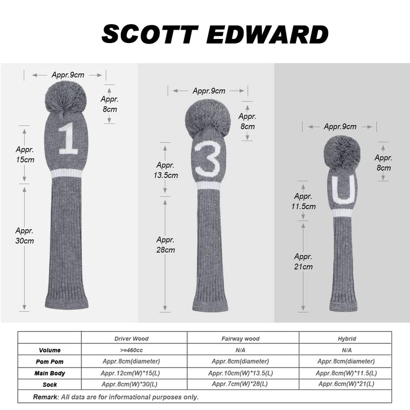 Scott Edward Grey Knit Golf Club Cover for Woods and Driver Head Covers Protect Driver Wood(460cc) Fairway Wood and Hybrid/UT Set with Big Number 1 FW(Number 3) - BeesActive Australia