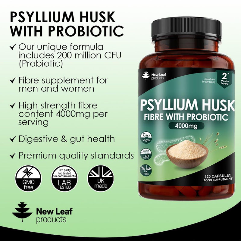 Fibre Supplement 4000mg Psyllium Husk With Probiotic Acidophilus - High Strength - Natural Soluble Fiber Supplement From Plantago Ovata Seeds, 120 Psyllium Husks capsules Vegan, Made in UK by New Leaf - BeesActive Australia
