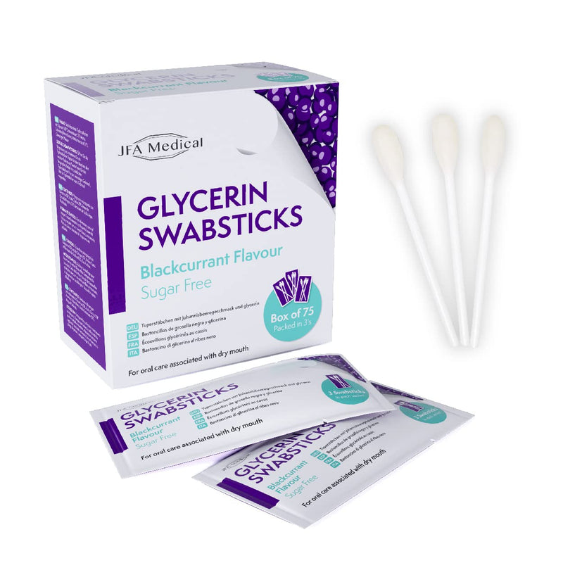 JFA Medical Glycerin Swabsticks Blackcurrant Flavour Sugar Free Swab Sticks for Dry Mouth - Box of 75 - BeesActive Australia