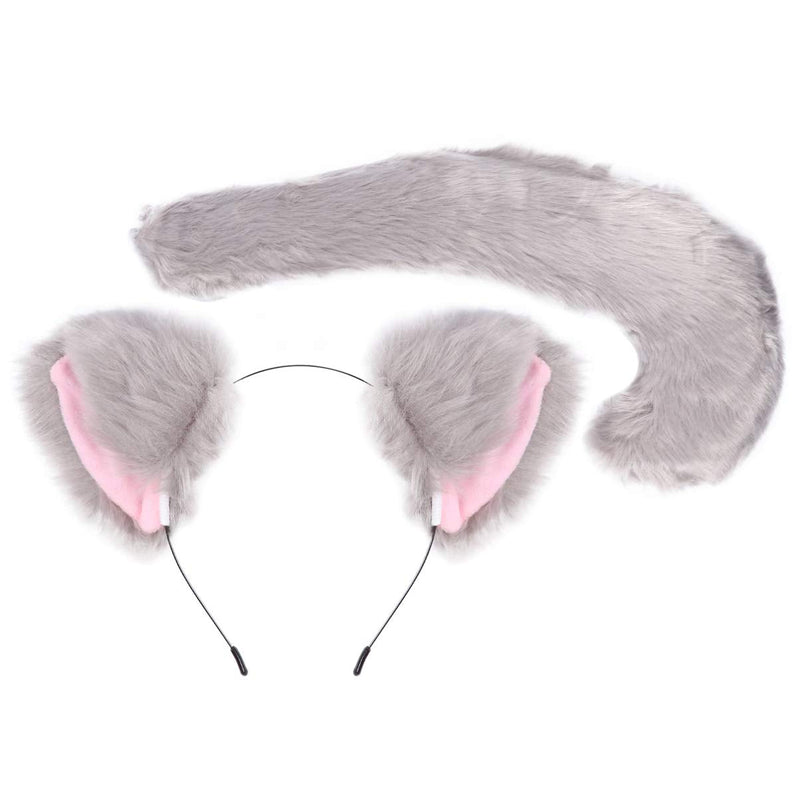 Minkissy 2pcs Wolf Fox Tail and Ears Set Hair Hoop Tail Set for Children or Adult Halloween Christmas Fancy Party Costume Accessories Light Grey - BeesActive Australia