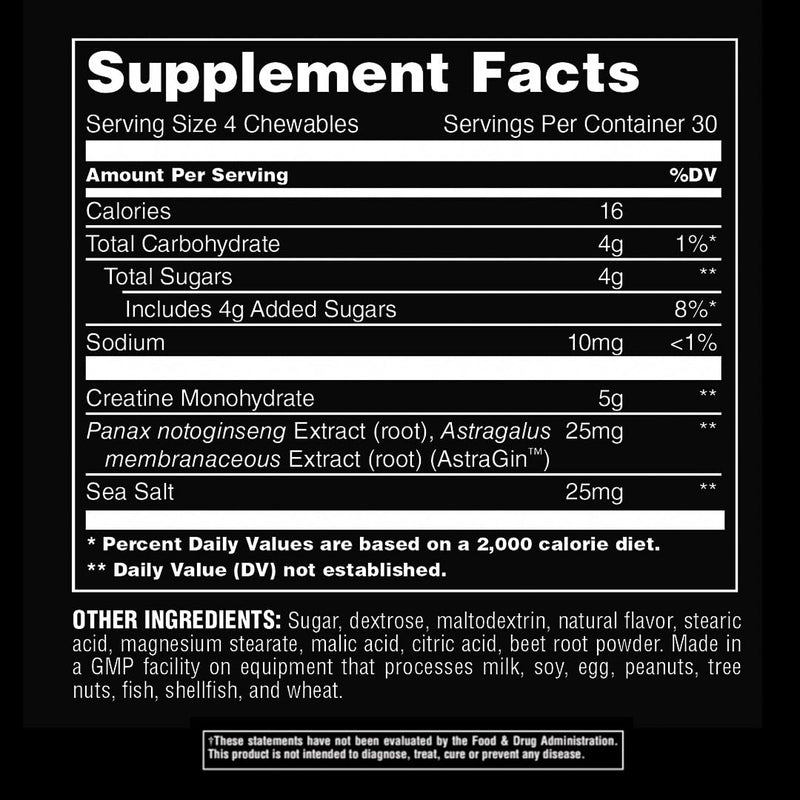 Animal Creatine Chews Tablets - Enhanced Creatine Monohydrate with AstraGin to Improve Absorption, Sea Salt for Added Pumps, Delicious and Convenient Chewable Tablets - Grape - 120 Count - BeesActive Australia