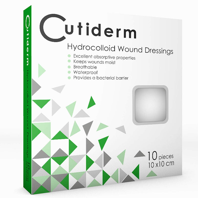 Pack of 10 Cutiderm Sterile Hydrocolloid Adhesive Wound Dressing 10cm x 10cm - Suitable for cuts, Scratches, grazes, Superficial and Partial Thickness Burns, Pressure sores, and venous Leg ulcers 10 cm x 10 cm (Pack of 10) - BeesActive Australia