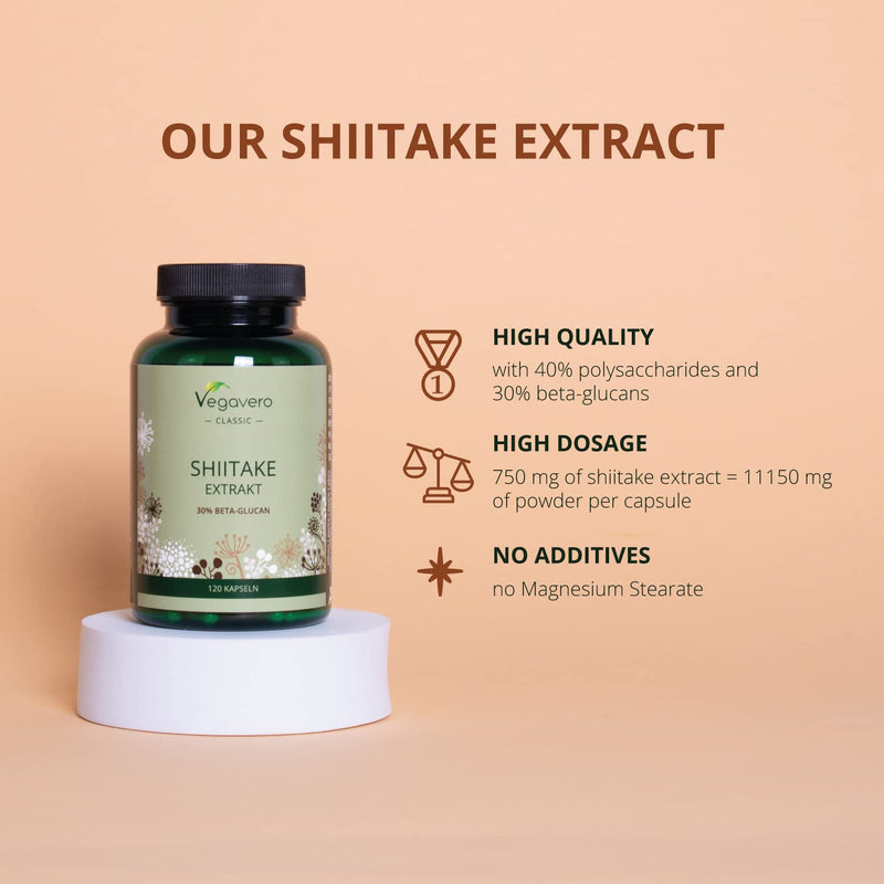 Shiitake Vegavero® | 750mg Mushroom Extract | with 40% Polysaccharides| 120 Vegan Capsules | NO Additives - BeesActive Australia