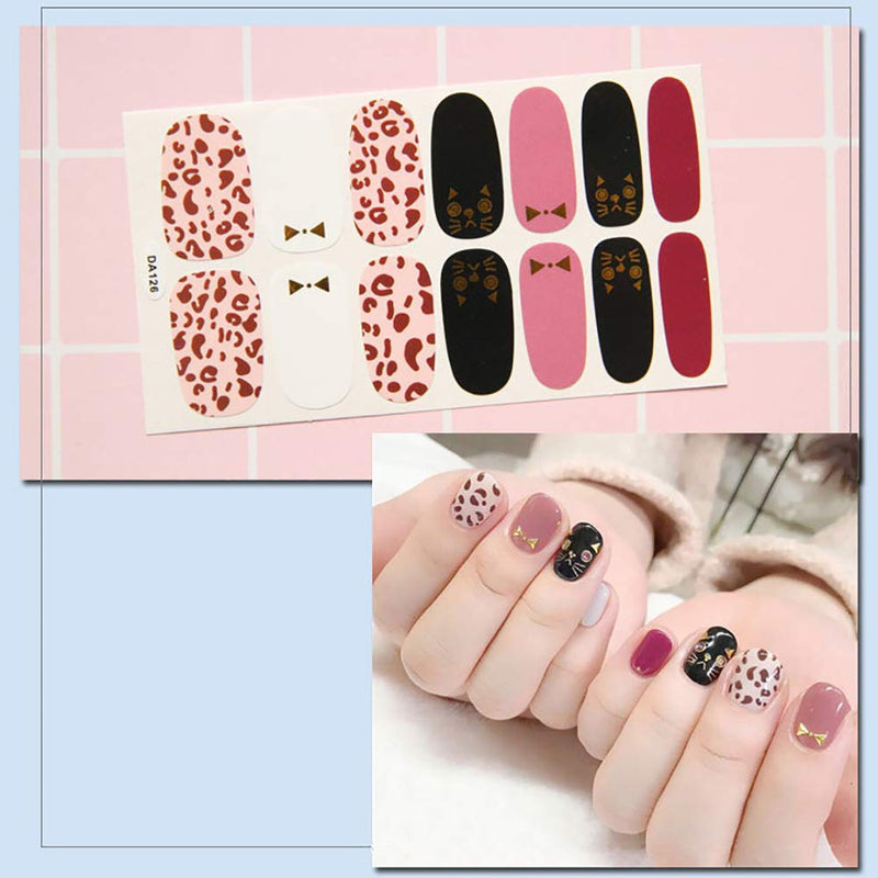 WOKOTO 8 Sheets Adhesive Nail Art Polish Stickers Tips With 1Pc Nail File Glitter Leopard Print Design Nail Wraps Decals Manicure Kit - BeesActive Australia