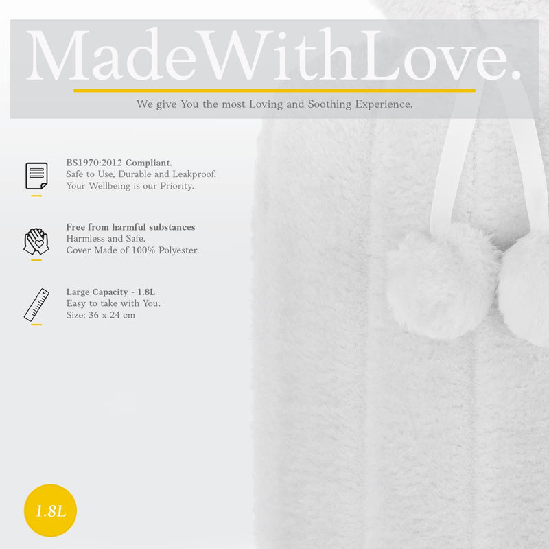 Hot Water Bottle with Soft Cover - Premium Fluffy Faux Fur Cover - 1.8l Large Capacity - Hot Water Bag for Period Pain, Neck and Shoulders, Back, Warm Feet & Cosy Nights - Great Gift for Women - White - BeesActive Australia