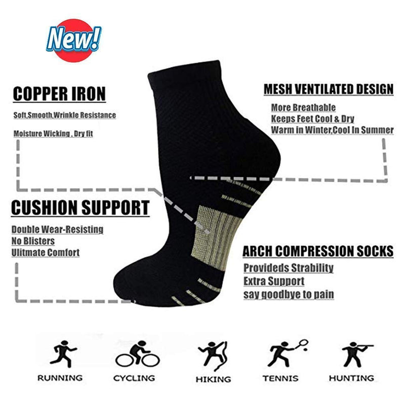 Copper Plantar Fasciitis Running Compression Socks for Men & Women – 3/6 Pairs Arch Support Ankle Socks for Athletic&Travel Large / X-Large A0 - 6 Black - BeesActive Australia