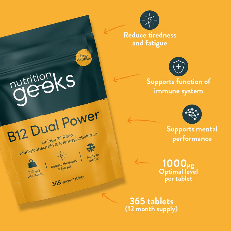 Vitamin B12 Tablets High Strength - 1 Year Supply (365 Tablets) - 1000mcg Dual Power B12 Vitamin Complex with Methylcobalamin & Adenosylcobalamin - Vegan B12 Supplement - Energy Support - UK Vit B12 - BeesActive Australia