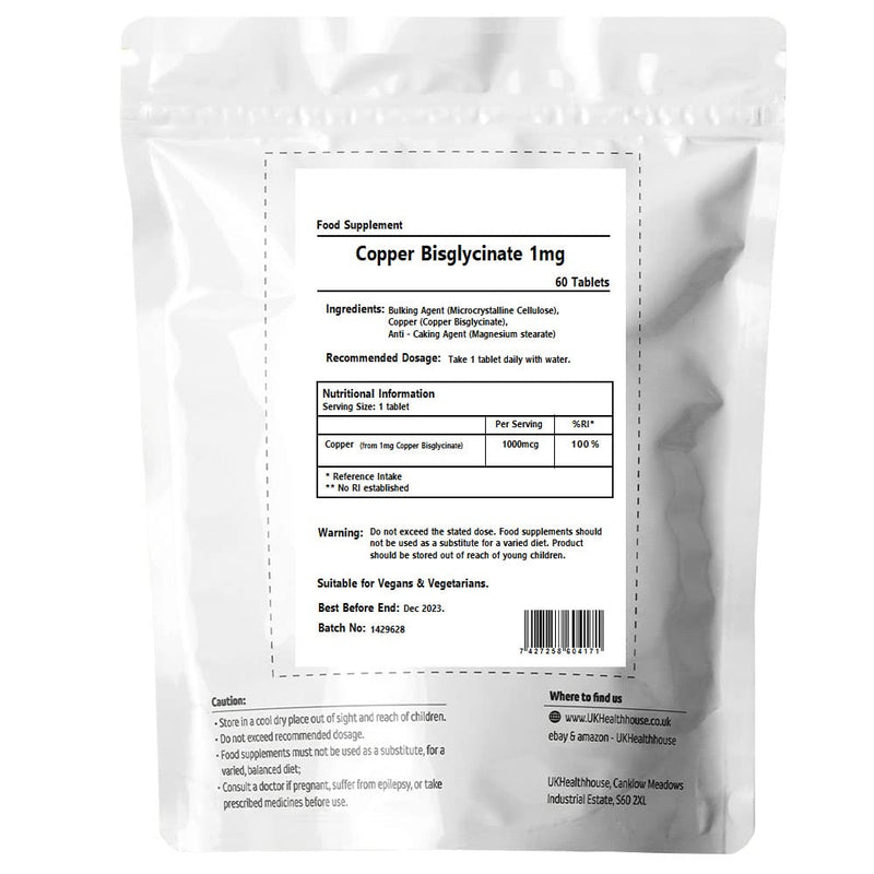 Copper Bisglycinate 1mg - 60 Tablets 1,000mcg Mineral Supplement Immune Support, Bioavailable Chelated Form, Pure Pills, General Health & Well Being - BeesActive Australia