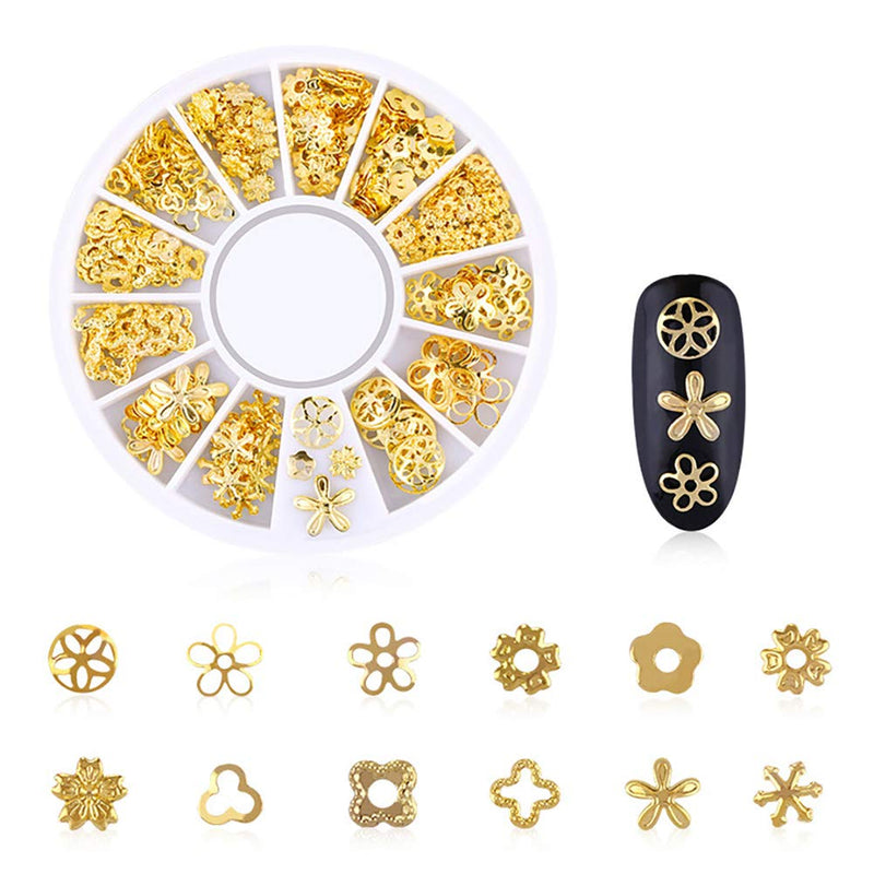 DANNEASY 6 Wheels 3D Gold Nail Studs Metal Nail Charms Nail Art Rivets Manicure Decoration Kit Star Moon Shell Cross Flower With 1Pc Curved Tweezers And Wax Pen Kit 1 - BeesActive Australia