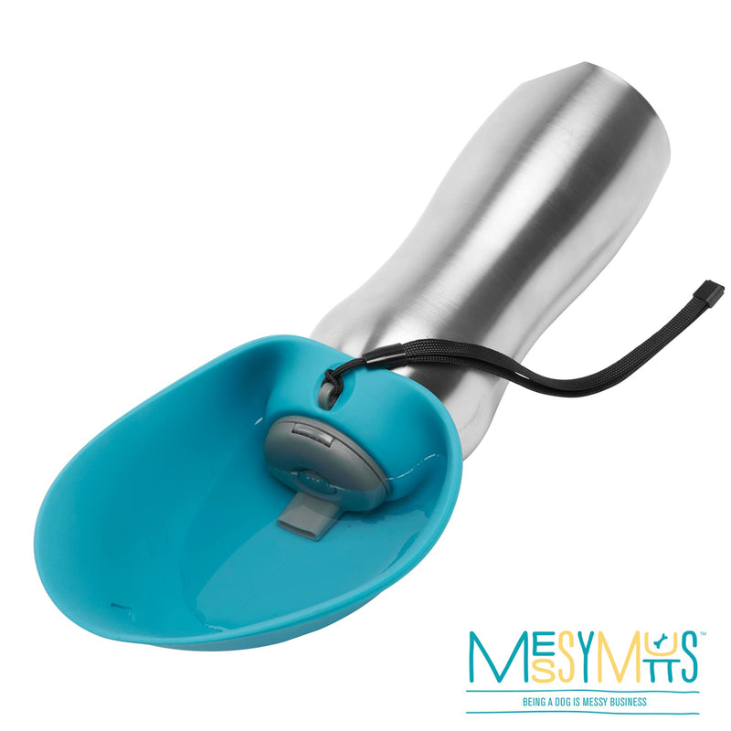 Messy Mutts Stainless Steel Travel Water Bottle with Silicone Flip Up Bowl | Pet Travel Necessity | Camping, Hiking, Walking Accessory | 24 oz / 700mL | Blue - BeesActive Australia