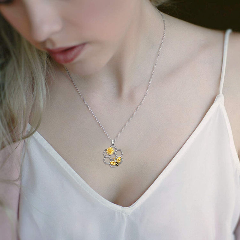 LUHE Bee Necklace 925 Sterling Silver honeycomb Cute Flower Pendant Necklaces for Women Christmas Gifts for Her - BeesActive Australia