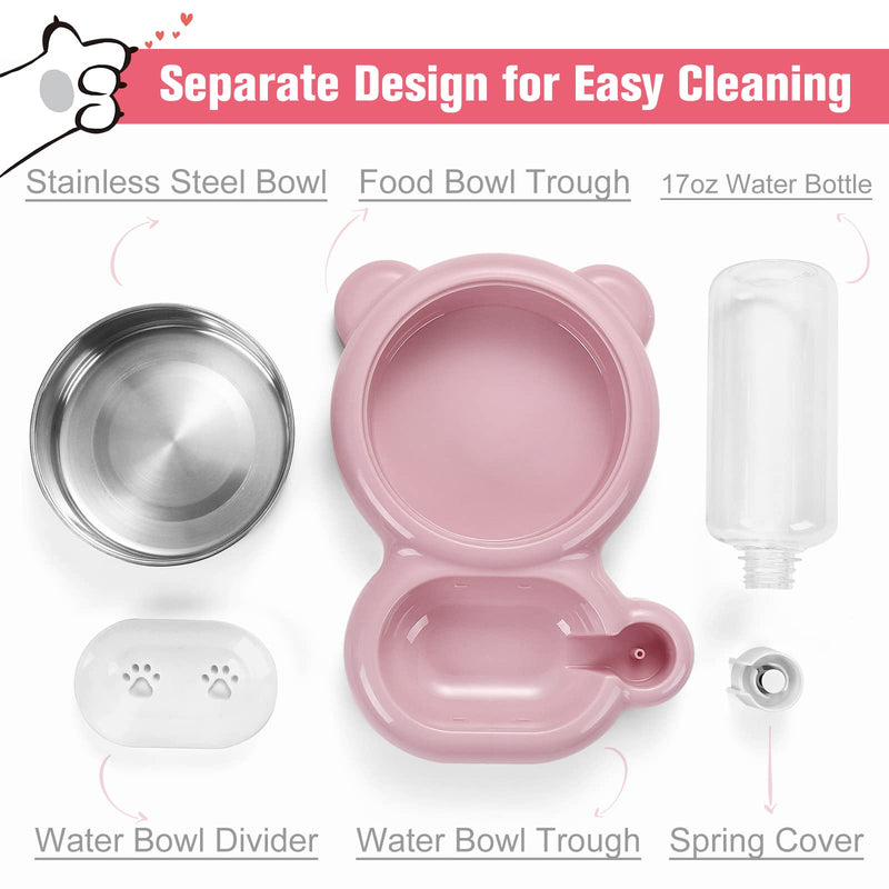 Azwraith Double Dog Cat Bowls, Pet Water and Food Bowl Set with Automatic Water Dispenser Bottle Detachable Stainless Steel Bowl for Small Dogs and Cats Kitten Puppy Rabbit Bunny pink - BeesActive Australia