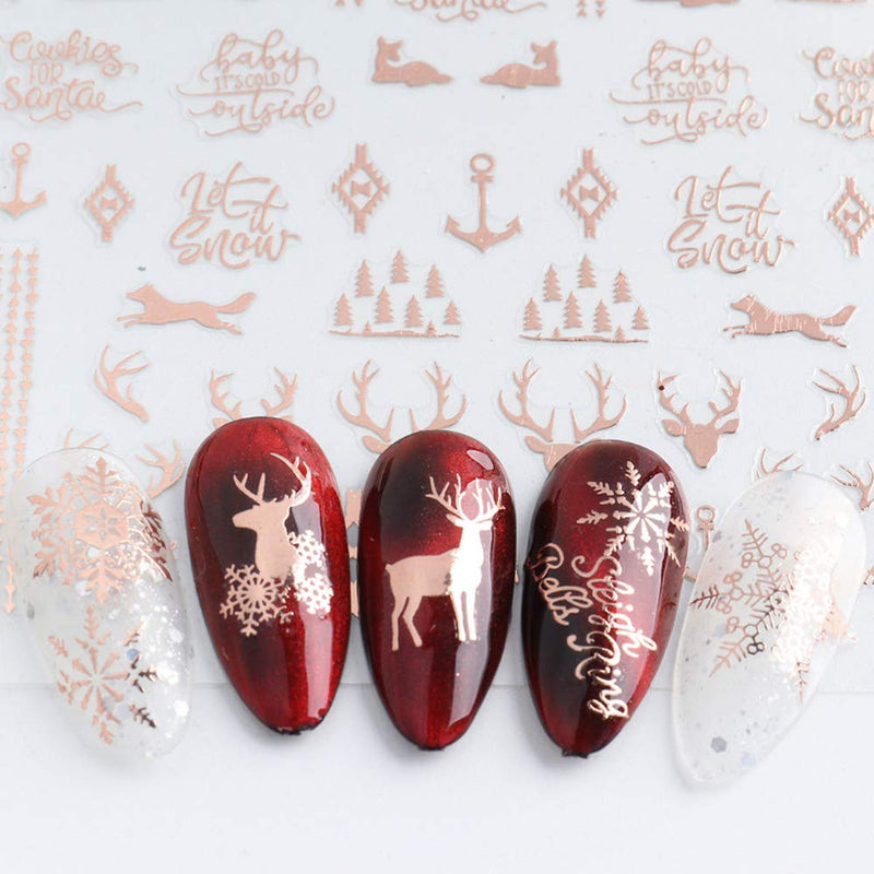 Christmas 3D Nail Art Stickers Laser Xmas Nail Decals Snowflake Elk Leaf Snowman Santa Tree Candy Winter Self Adhesive Nail Stickers New Year Charms Nail Supplies DIY Decorations 9 Sheets RoseGold - BeesActive Australia