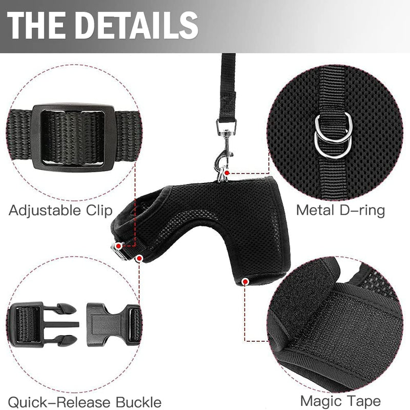 PUPTECK Soft Mesh Cat Vest Harness and Leash Set Puppy Padded Pet Harnesses Escape Proof for Cats Small Dogs Rabbits Bunny X-Large Black - BeesActive Australia