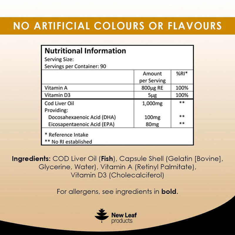 Cod Liver Oil Capsules 1000mg - 90 Cod Liver Capsules High Strength Softgels- Cod Liver Oil Rich in Omega 3 EPA DHA Fatty Acids + Vitamins A & D, High Strength Fish Oil - UK Made, by New Leaf - BeesActive Australia