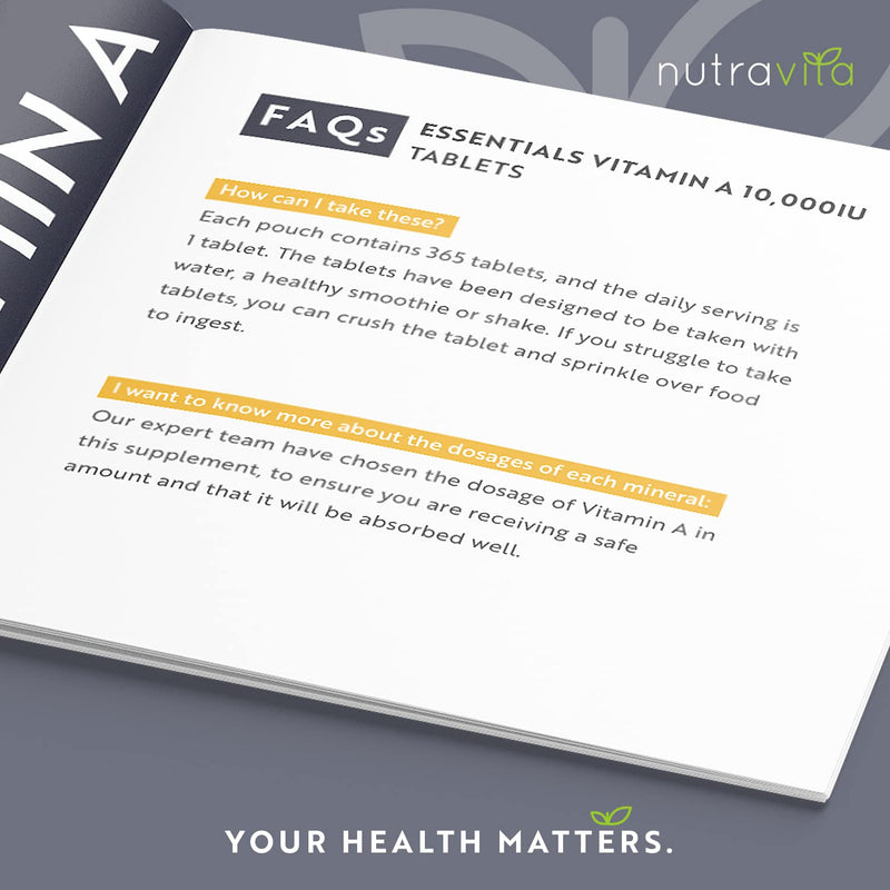 Vitamin A 10,000 IU � 365 Vitamin A Tablets (1 Year Supply) - High Strength Vitamin A Supplement for Normal Skin, Eyes & Immune System - Alternative to Vitamin A Capsules � Vegan Friendly - Nutravita - BeesActive Australia