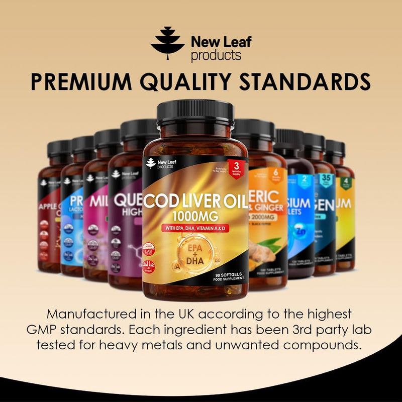 Cod Liver Oil Capsules 1000mg - 90 Cod Liver Capsules High Strength Softgels- Cod Liver Oil Rich in Omega 3 EPA DHA Fatty Acids + Vitamins A & D, High Strength Fish Oil - UK Made, by New Leaf - BeesActive Australia