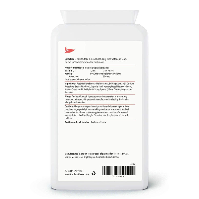 Rosehip Supplements 5000mg with Vitamin C to Support Bones, Cartilage and Collagen Formation - 120 Capsules - High Strength 5000 mg Rosacanina - Up to 4 Months Supply UK Manufactured to GMP Standards - BeesActive Australia