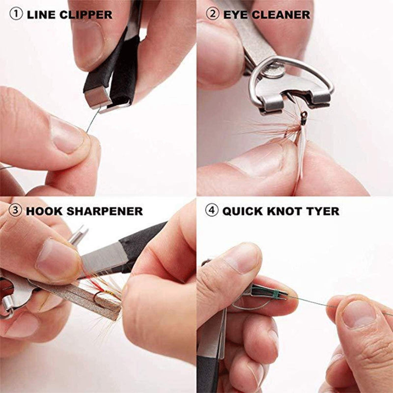 HiBD Fishing Quick Knot Tying Tool Stainless Steel 4 in 1 Tool Including Quick Knot Knotter Fly Line Clippers Hook Sharpener Hook Eye Needle with Zinger Retractor 2sets(Silver body red grips + Black body red grips) - BeesActive Australia