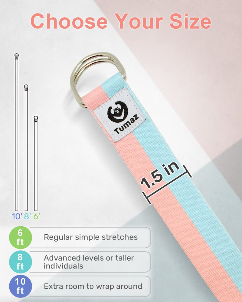 Tumaz Yoga Strap/Stretch Bands [15+ Colors, 6/8/10 Feet Options] with Extra Safe Adjustable D-Ring Buckle, Durable and Comfy Delicate Texture - Best for Daily Stretching, Physical Therapy, Fitness 6 Feet 01. Candy - BeesActive Australia