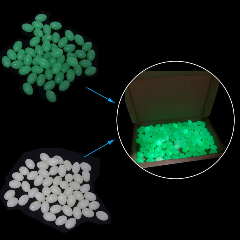 WHYHKJ 100PCS 8x12mm Oval Glow in Dark Hard Plastic Luminous Fishing Beads Fishing Beads for Fishing Gear Accessories (50 x Green + 50 x White) - BeesActive Australia
