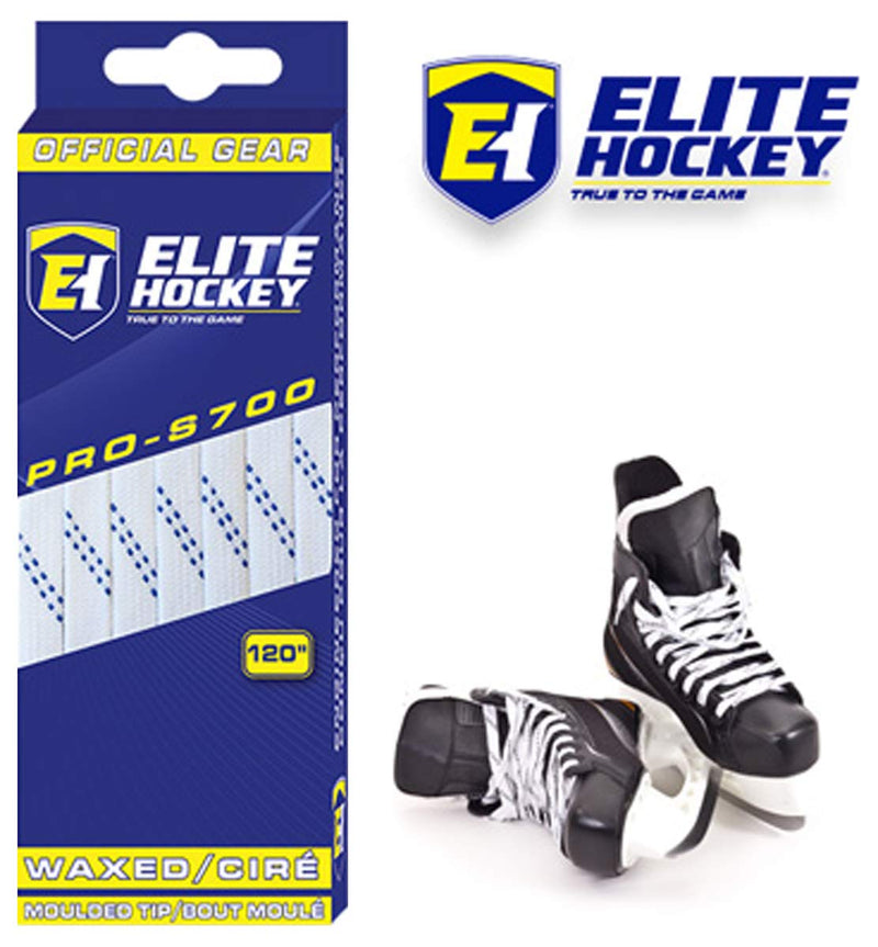 [AUSTRALIA] - Elite Hockey PRO-S700 Waxed Molded Tip Hockey Skate Laces White with Navy 120 Inches (One Pair) 