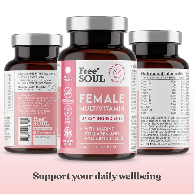 Women's Multivtamins and Minerals with Collagen & Hyaluronic Acid - 27 Essential Vitamins, Minerals, & Botanicals - 60 Tablets | Gluten-Free & No Synthetic Fillers or Binders | UK Made by Free Soul - BeesActive Australia