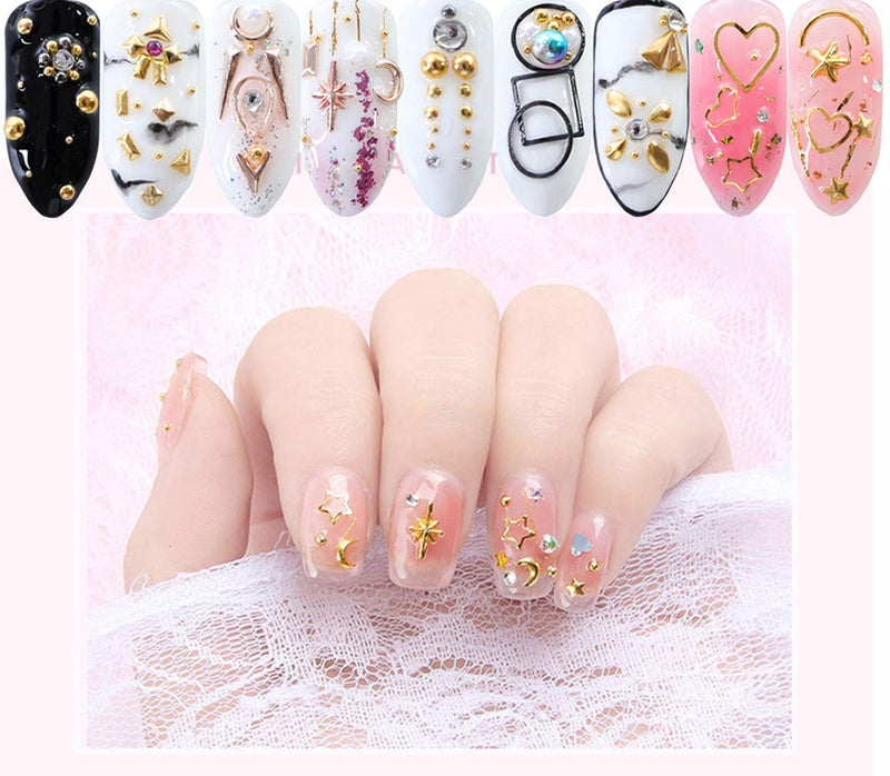 6 Boxes Metal Nail Studs 3D Nail Art Decorations Glitter 3d Nail Charms Design Gold Jewels Rivet Micro Caviar Beads Star Moon Heart Feather Nail Kit supply - BeesActive Australia