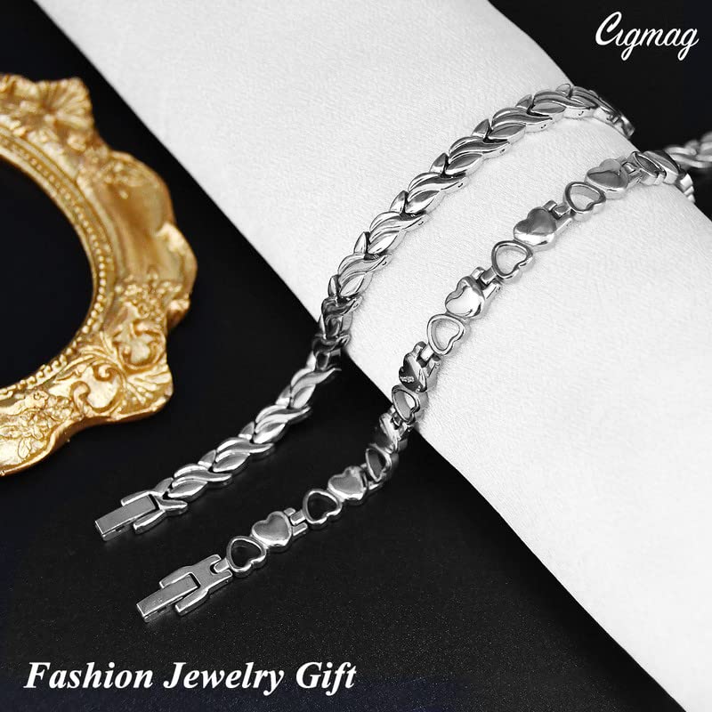 Cigmag 2PCS Magnetic Bracelets for Women Ultra Strength Magnet Titanium Steel Magnetic Brazaletes Set with Adjustable Tool and Gift Box for Mother's Day (Silver Fishtail & Love) 2pcs Silver Fishtail & Love - BeesActive Australia