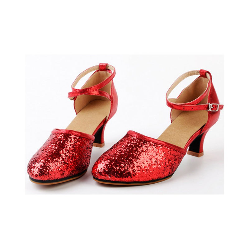 [AUSTRALIA] - OCHENTA Women's Sequined Leather Pointed Toe Kitten Heel Latin Ballroom Dance Shoes 8.5 (Suede Sole) Red 