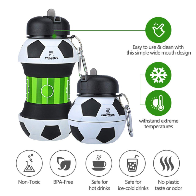 ETHLETICO Collapsible Water Bottles with Carabiner Food Grade Sports Water Bottle for Gift Kids Folding Water Bottle for Hiking, GYM, School, Sports and Travelling 19Oz/550ml BPA Free (Soccer) Soccer Ball - BeesActive Australia